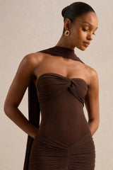 Ursa | Brown Bandeau-Neck Maxi Dress With Scarf Detail And Gathered Detailing