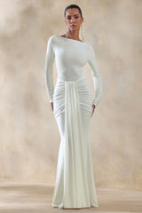 Liatris | White Wide-Neck Maxi-Dress With Gathered-Detailing