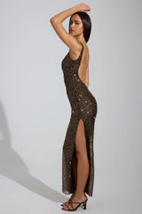 Embellished Scoop-Neck Thigh-Split Maxi Dress In Brown