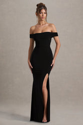 Law Of Attraction | Black Bardot Draped Split Maxi Dress