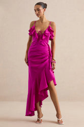 Salvina | Pink Satin V-Neck Maxi Dress With Ruffled Detailing And Scarf Detail