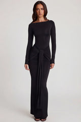Soft Jersey Boat-Neck Tie-Gather Maxi Dress In Black
