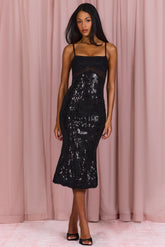 Embellished Lace-Trim Midi Dress In Black
