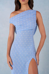 One-Shoulder Maxi Dress In Blue Polka Dot Print