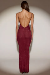 Sheer Embellished Backless Maxi Dress In Burgundy