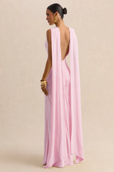Premiere | Light Pink Boat-Neck Maxi Dress With Cape-Sleeves And Open-Back