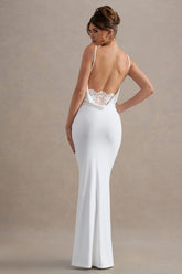 Francoise | White Cowl Neck Backless Maxi Dress With Lace Insert