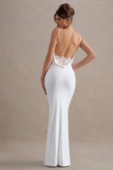 Francoise | White Cowl Neck Backless Maxi Dress With Lace Insert