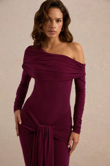 Avonlea | Burgundy Asymmetric-Neck Maxi Dress With Gathered Detailing