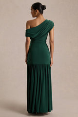 Kady | Dark Green Asymmetric-Neck Maxi Dress With Ruched Detailing