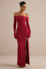 Liviae | Red Bardot-Neck Maxi Dress With Bell Sleeves