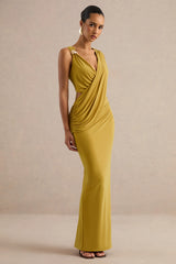 Tahlia | Mustard Plunge-Neck Maxi Dress With Draped Detailing And Gold Detail