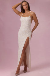 Embellished Square Neck Maxi Dress In Pearl