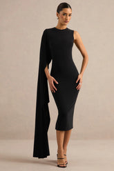 Ilarie | Black Round-Neck Midi Dress With Cape Sleeve