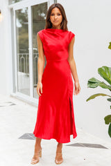 Get In Formation Satin Midi Dress Red