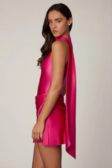 Asymmetric Scarf-Detail Mini Dress In Hot Pink
