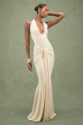 Avalie | Cream Plunge-Neck Maxi Dress With Gathered Detailing