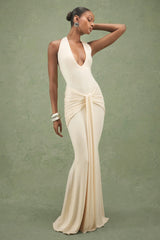 Avalie | Cream Plunge-Neck Maxi Dress With Gathered Detailing