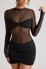 Sheer Panelled Long Sleeve Mini Dress In Black
