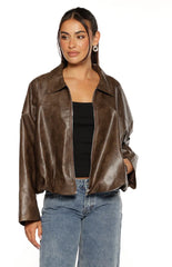 River Vintage Brown Pu Bubble Hem Bomber Jacket