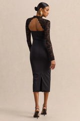 Arlune | Black High-Neck Midi Dress With Long Lace-Sleeves