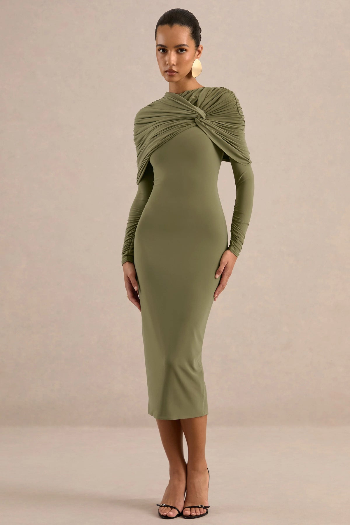 Delaria | Olive Crew-Neck Midi Dress With Twist-Knot Detail