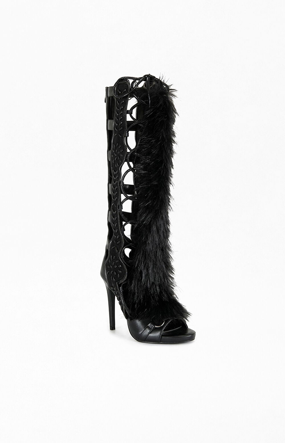 Women's Shaine Black Faux Fur Gladiator Sandal Boots
