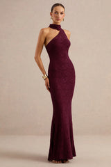 Almaria | Burgundy Lace Asymmetric-Neck Maxi Dress With Collar-Detail