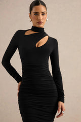 Fiorina | Black High-Neck Midi Dress With Chest Cut-Outs