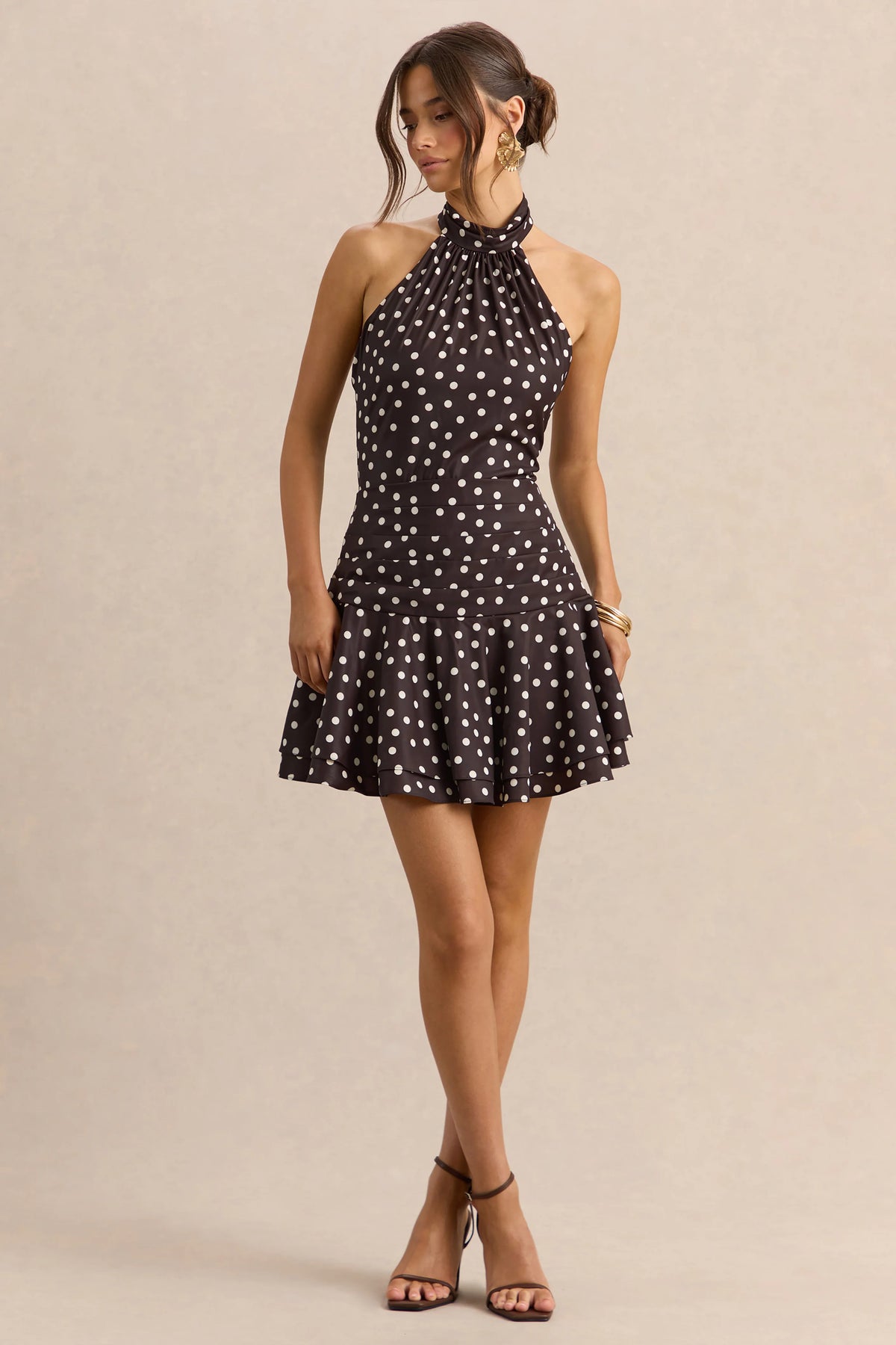 Florence | Brown And White Satin Halter-Neck Mini Dress
