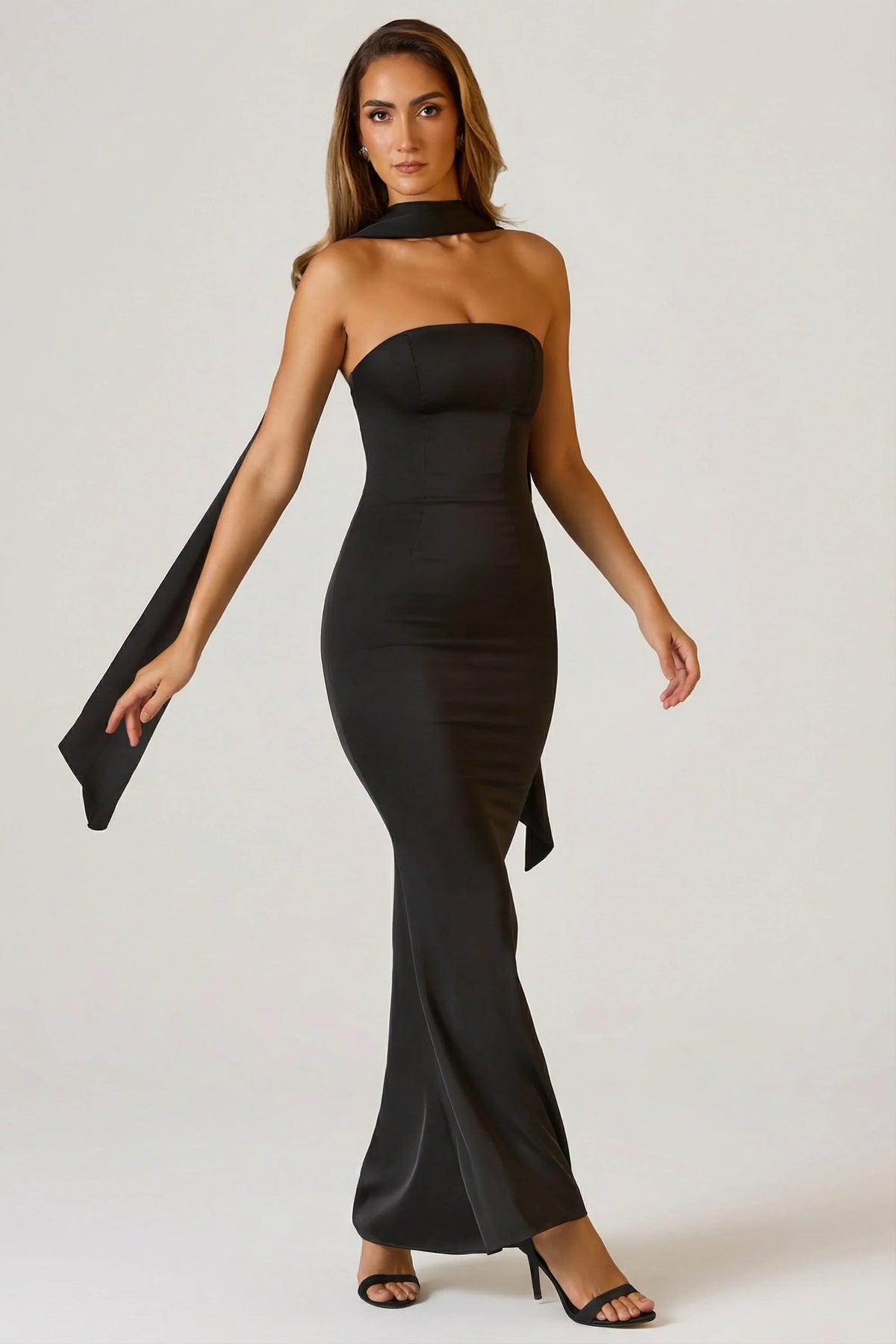 Scarf-Detail Strapless Gown In Black