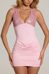 Embellished Deep Plunge Mini Dress In Blush Pink