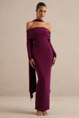 Julissa | Burgundy Bardot-Neck Maxi Dress With Scarf Detail