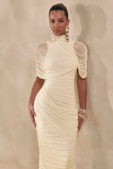 Fleurise | Cream Mesh High-Neck Midi Dress With Short Cape-Sleeves And Gathered-Detailing