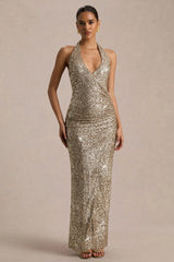 Gio | Champagne Sequin Plunge-Neck Wrap Maxi Dress With Ruched Detailing And Front Split