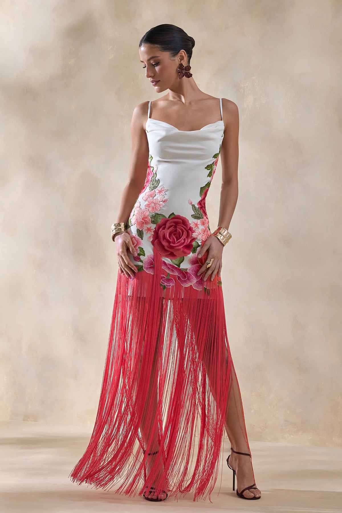 Bejewelled | Cream And Pink Floral Cowl-Neck Maxi Dress With Fringe Hem