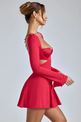 Long Sleeve Godet Mini Dress In Cherry Red