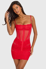 Placed Lace-Trim Mini Dress In Cherry Red