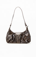 Brown Faux Leather Front Buckle Shoulder Bag