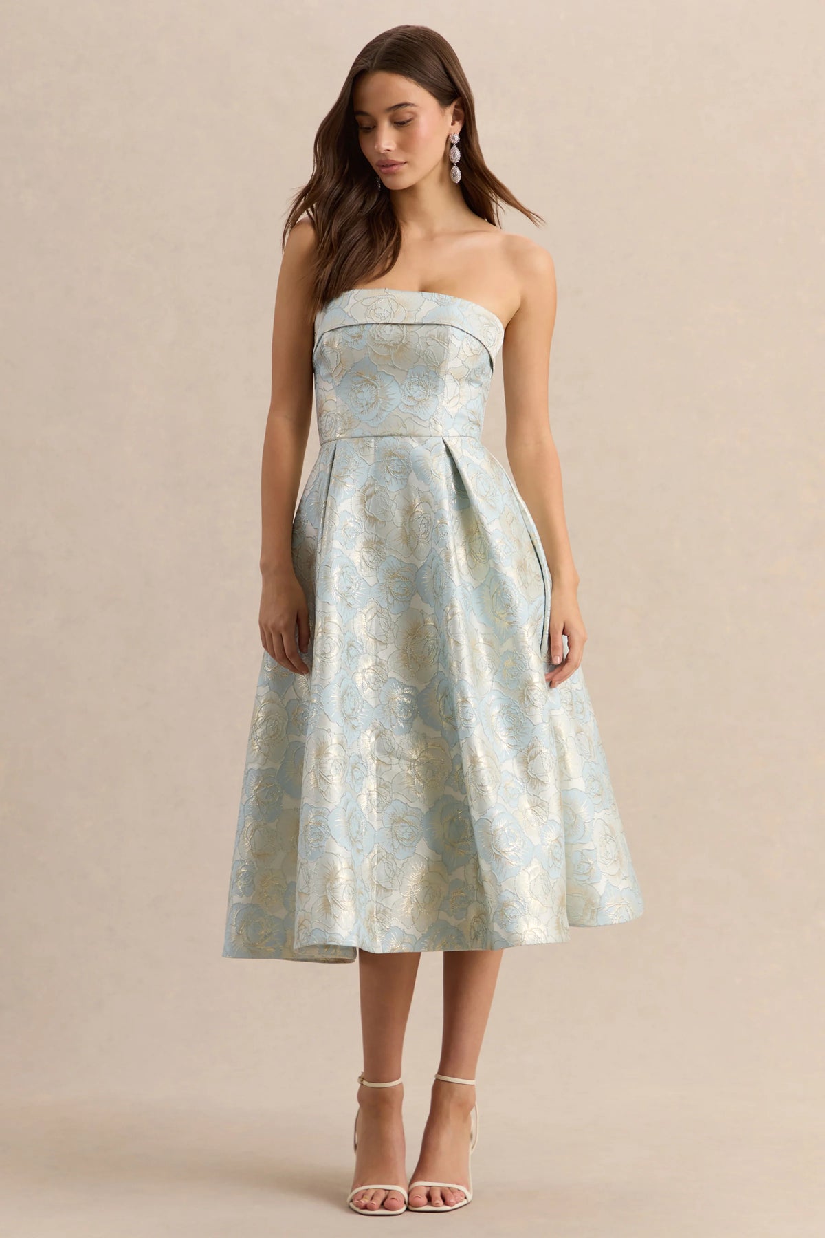 Tori | Powder Blue Jacquard Bandeau Skater Midi Dress