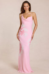 Chiffon Maxi Dress In Pink Floral Print