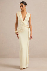 Nalina | Cream Plunge-Neck Maxi Dress With Gathered Detailing And Gold Detail