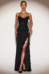 Embellished Cowl-Neck Ruffled Gown Dress In Black