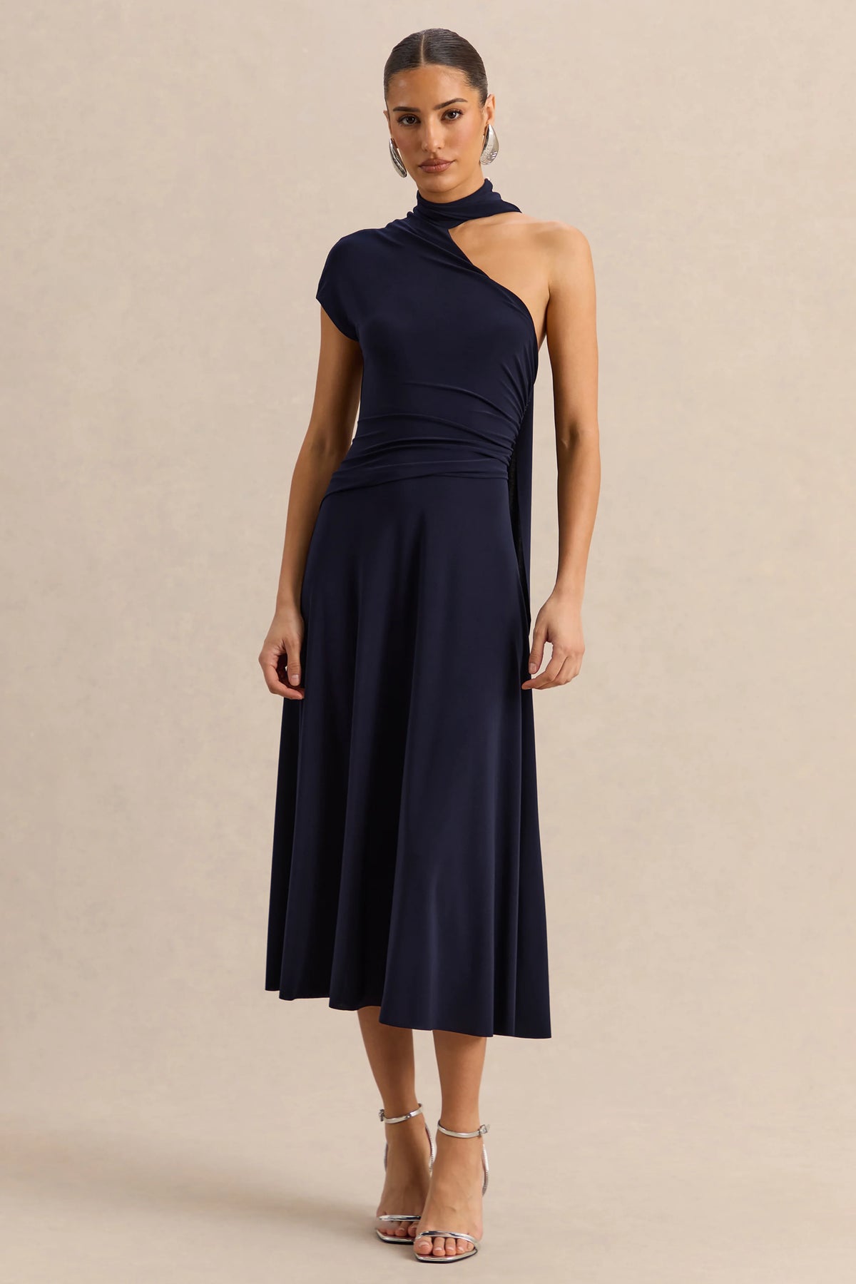 Lythara | Navy Asymmetric-Neck Midi Dress With Scarf-Detail