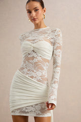 Milavia | White Lace Crew-Neck Mini Dress With Wrap & Sash Detail