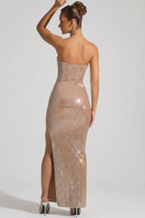 Embellished Strapless Plunge Gown In Honey