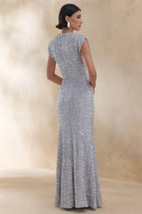 Aurah | Silver Sequin Crew-Neck Maxi Dress With Cap Sleeves
