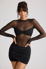Sheer Panelled Long Sleeve Mini Dress In Black
