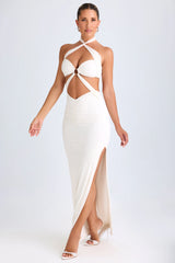 Cut-Out Ruched Halterneck Maxi Dress In White