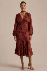 Sabina | Rust Devore Plunge-Neck Midi Dress